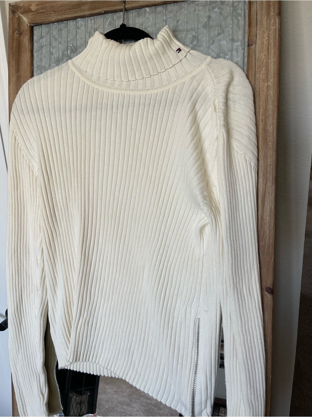 Tommy Hilfiger Cream Ribbed Funnel Neck Sweater with Zipper Detail